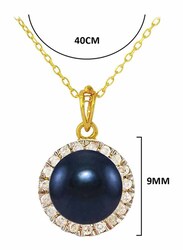 Vera Perla 18k Solid Yellow Gold Pendant Necklace for Women, with 0.10ct Genuine Diamonds and 6-7mm Pearl, Blue/Gold
