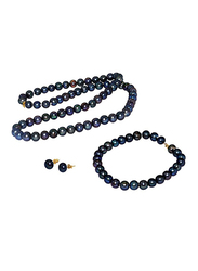 Vera Perla 3-Pieces 18K Gold Strand Jewellery Set for Women, with Necklace, Bracelet & Earrings, with Pearl Stone, Black