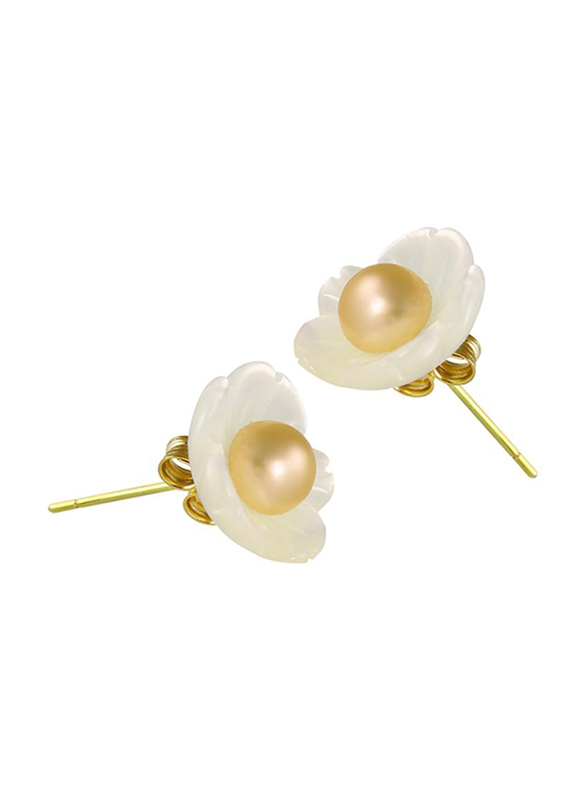 Vera Perla 18K Yellow Gold Ball Earrings for Women, with Pearl Stone Flower Shape Shell, Gold/Peach/White