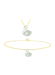 Vera Perla 2-Pieces 18K Gold Pendant Necklace and Bracelet Set for Women, with Swan Shape Mother of Pearl Stone, Off White