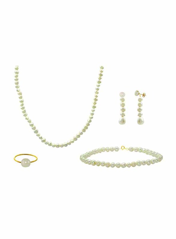 Vera Perla 4-Pieces 18K Gold Strand Jewellery Set for Women, with Necklace, Lobster Bracelet, Earrings and Ring, with Pearl Stones, White