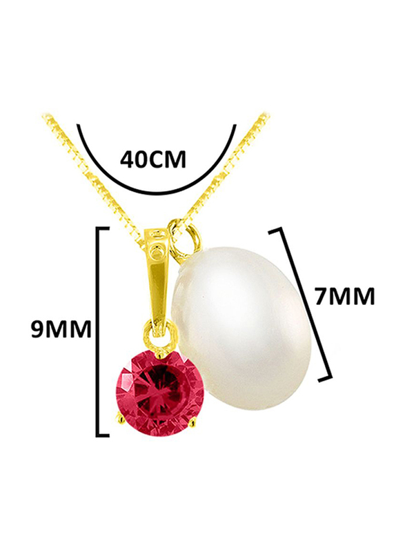Vera Perla 18K Solid Yellow Gold Necklace for Women, with Zircon and 7 mm Pearl Stone Pendant, Pink/Gold/White