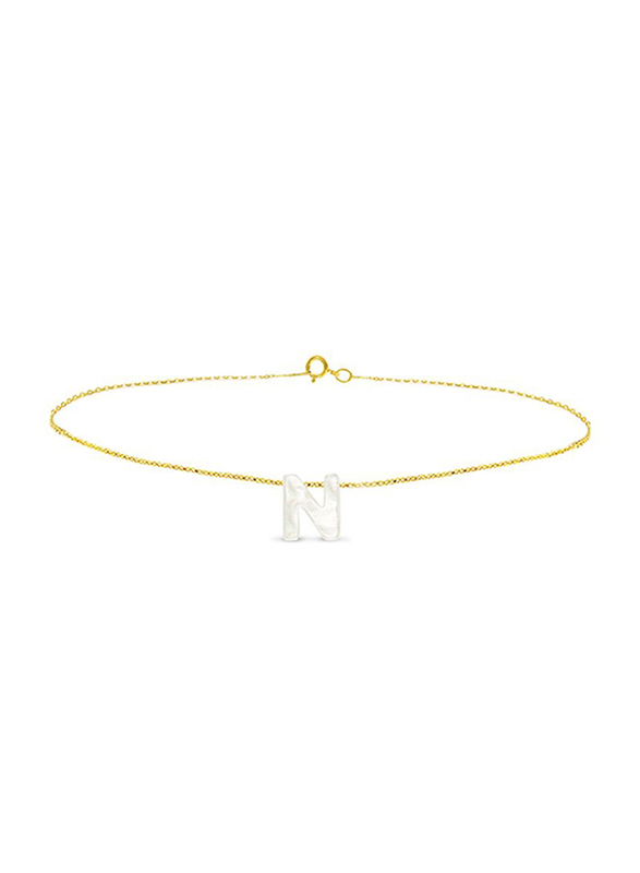 Vera Perla 18K Gold Charm Bracelet for Women, with N Letter Mother of Pearl Stone, Gold/White