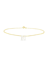 Vera Perla 18K Gold Charm Bracelet for Women, with N Letter Mother of Pearl Stone, Gold/White