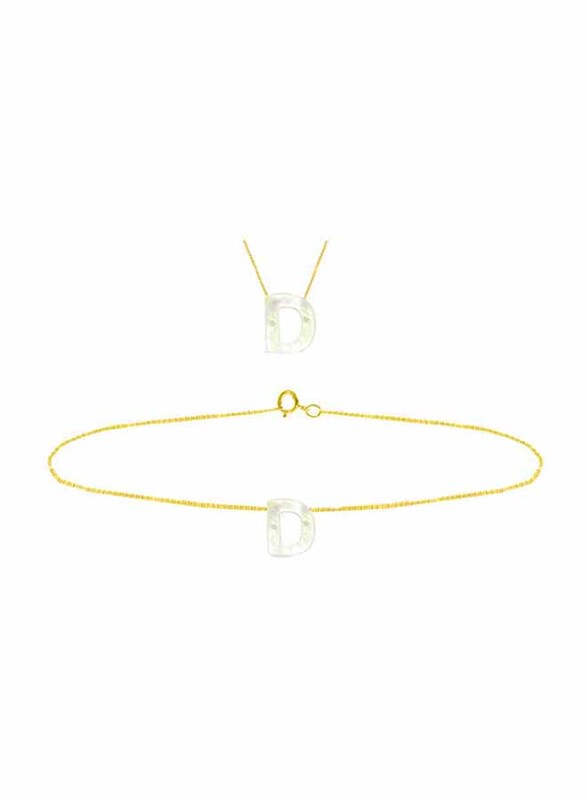 Vera Perla 2-Pieces 18k Yellow Gold D Letter Jewellery Set for Women, with Necklace and Earrings, with Mother of Pearl Stone, Gold/White
