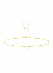 Vera Perla 2-Pieces 18k Yellow Gold D Letter Jewellery Set for Women, with Necklace and Earrings, with Mother of Pearl Stone, Gold/White
