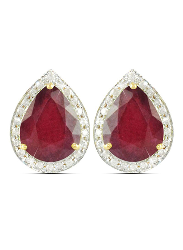 Vera Perla 18K Gold Stud Earrings for Women, with 0.24 ct Genuine Diamond and Drop Cut Ruby Stone, Red/Clear