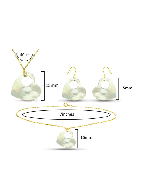 Vera Perla 3-Pieces 18K Gold Jewellery Set for Women, with Necklace, Earrings and Bracelet, with Heart Hole Shape Mother of Pearl Stone, White