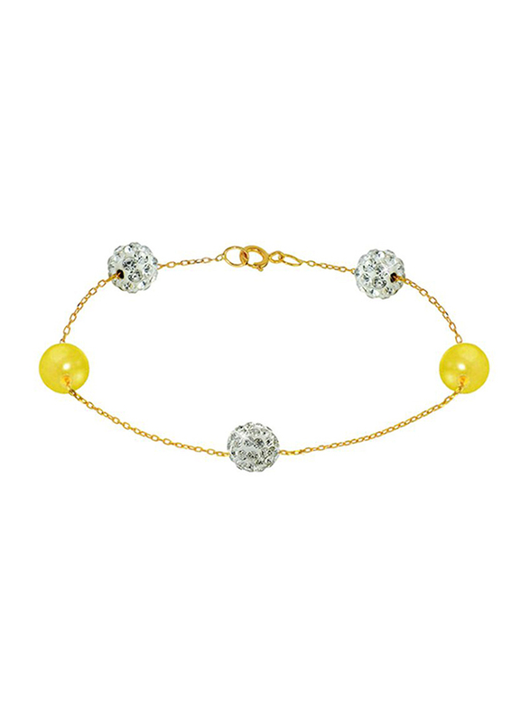 Vera Perla 18K Solid Gold Chain Bracelet, with Gradual Built-in Crystal Ball and Pearl Stone, Gold/Yellow/Clear