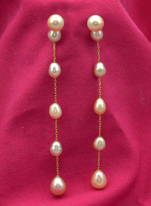 Vera Perla 18K Solid Yellow Gold Simple Dangle Earrings for Women, with Detachable 7mm Pearls Stone, Beige/Gold