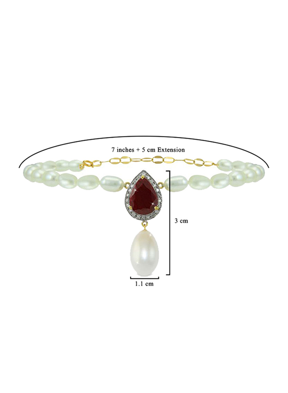 Vera Perla 18K Gold Beaded Bracelet for Women, with 0.12ct Diamond, Royal Indian Ruby and Pearl Stone, Red/White