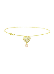 Vera Perla 18K Solid Yellow Gold Chain Bracelet for Women, with Heart and 7mm Drop Pearl Stone, Gold/Pink