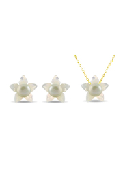 Vera Perla 3-Pieces 18k Solid Yellow Gold Jewellery Set for Women, with Necklace, Bracelet and Earrings, with 13mm Mother of Pearl Flower Shape and 7mm Pearl, White