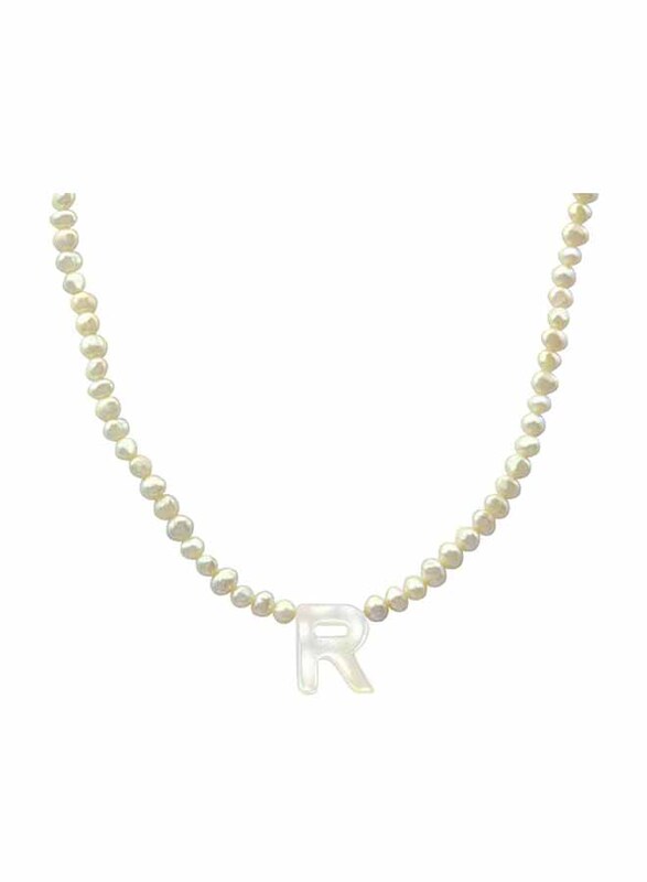 Vera Perla 10K Gold Strand Pendant Necklace for Women, with Letter R and Pearl Stones, White