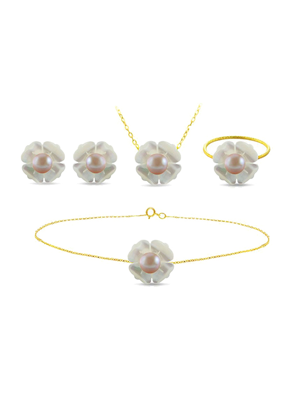 Vera Perla 4-Pieces 18K Solid Yellow Gold Jewellery Set for Women, with Necklace, Bracelet, Earrings and Ring, with 13mm Mother of Pearl Flower Shape, with 4 mm Pearl Stones, Gold/Jade/Purple