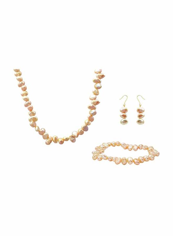 Vera Perla 3-Pieces 10K Gold Jewellery Set for Women, with 35cm Necklace, Bracelet and Earrings, with Pearl Stones, Rose Gold