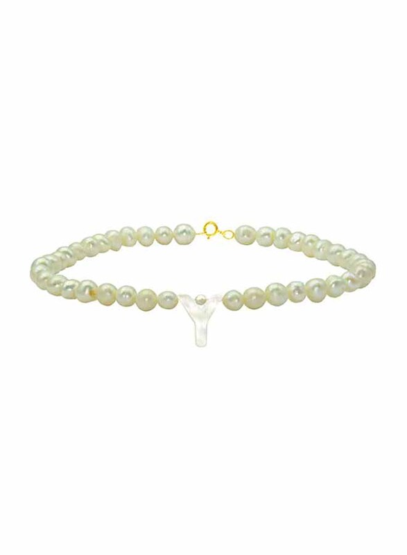 Vera Perla 18K Gold Strand Beaded Bracelet for Women, with Letter Y Mother of Pearl and Pearl Stone, White