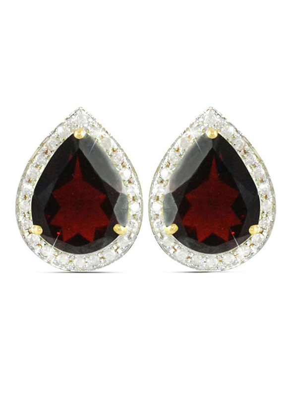 Vera Perla 18K Gold Stud Earrings for Women, with 0.24 ct Genuine Diamond and Drop Cut Garnet Stone, Red/Clear