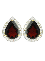 Vera Perla 18K Gold Stud Earrings for Women, with 0.24 ct Genuine Diamond and Drop Cut Garnet Stone, Red/Clear