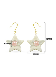 Vera Perla 18K Solid Yellow Gold Simple Dangle Earrings for Women, with Star Shape Mother of Pearl and 6-7mm Pearl Stone, White/Gold/Pink