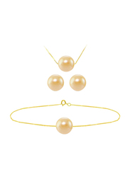 Vera Perla 3-Pieces 18K Solid Yellow Gold Jewellery Set for Women, with Necklace, Bracelet and Earrings, with 8mm Pearl Stones, Gold/Beige