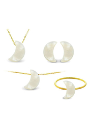 Vera Perla 4-Pieces 10K Gold Jewellery Set for Women, with Necklace, Earrings, Bracelet and Ring, with Small Crescent Shape Mother of Pearl Stone, White/Gold