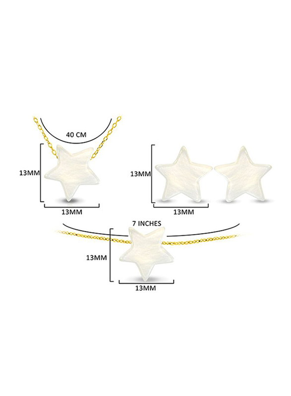 Vera Perla 3-Pieces 18K Gold Jewellery Set for Women, with Necklace, Earrings and Bracelet, with Star Shape Mother of Pearl Stone, White/Gold