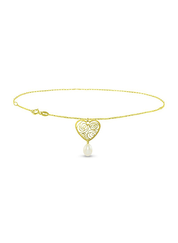 Vera Perla 18K Solid Yellow Gold Chain Bracelet for Women, with Heart and 7mm Drop Pearl Stone, Gold/White