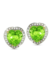 Vera Perla 18K Gold Stud Earrings for Women, with 0.28 ct Genuine Diamonds and Heart Cut Peridot Stone, Green
