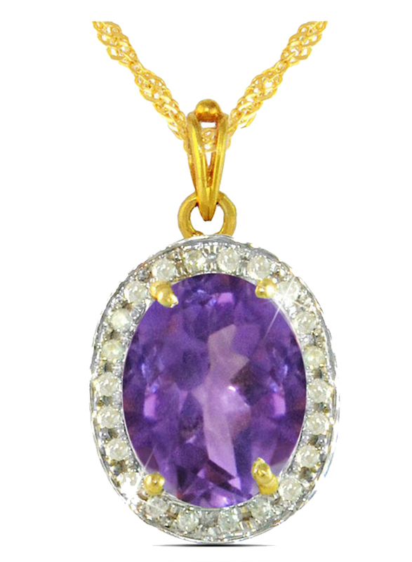 Vera Perla 18K Gold Necklace for Women, with 0.12ct Diamonds and Oval Cut Amethyst Stone Pendant, 2.35 Pendant, Gold/Purple
