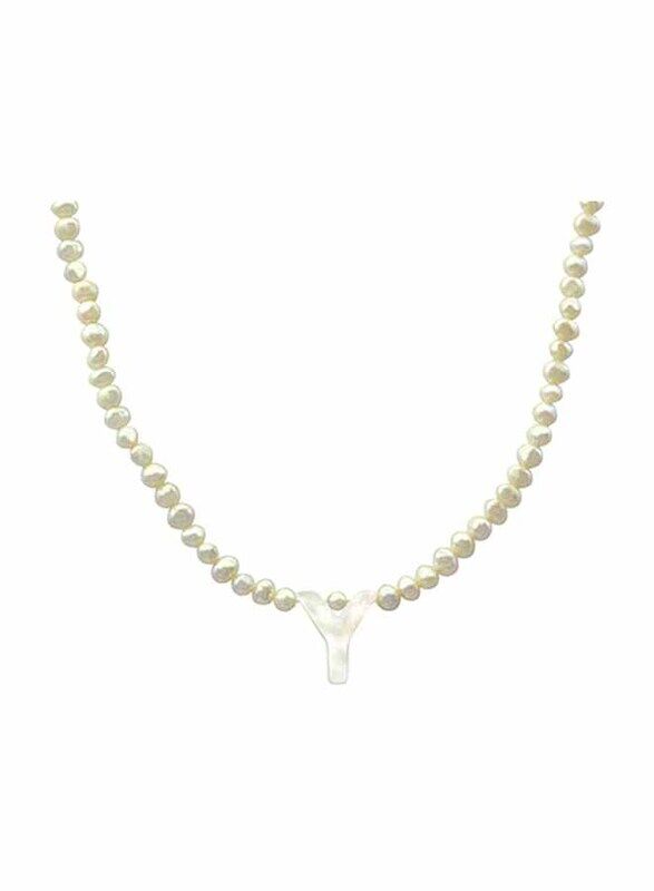 Vera Perla 18K Gold Strand Pendant Necklace for Women, with Letter Y and Mother of Pearl Stones, White