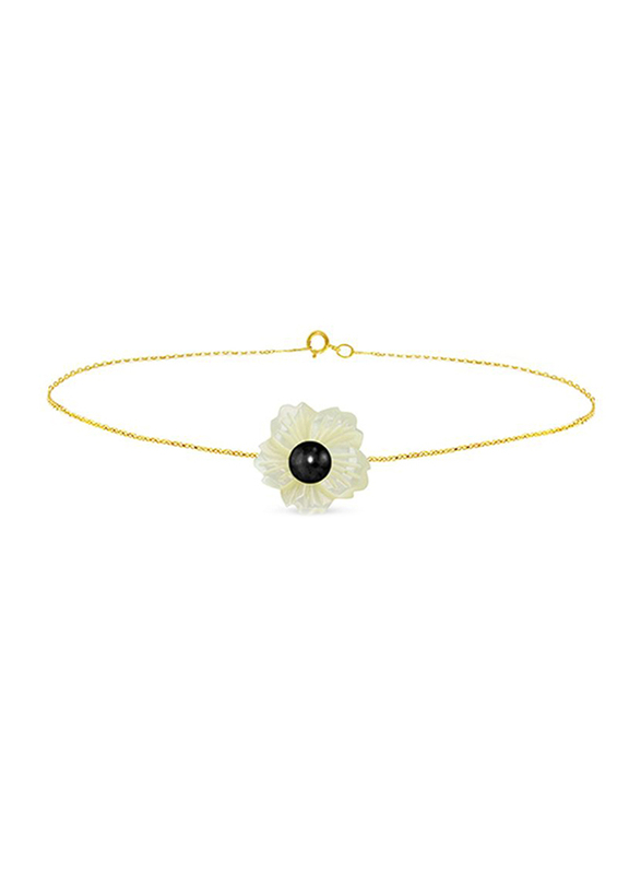 Vera Perla 18K Solid Yellow Gold Chain Bracelet for Women, with 19mm Flower Shape Mother of Pearl and 6-7mm Pearl Stone, Gold/White/Black