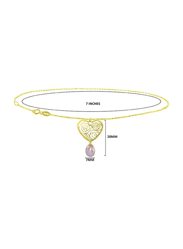 Vera Perla 18K Solid Yellow Gold Chain Bracelet for Women, with Heart and 7mm Drop Pearl Stone, Gold/Purple
