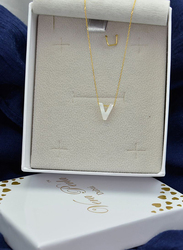 Vera Perla 18K Gold V Letter Pendant Necklace for Women, with Mother of Pearl Stone, White/Gold