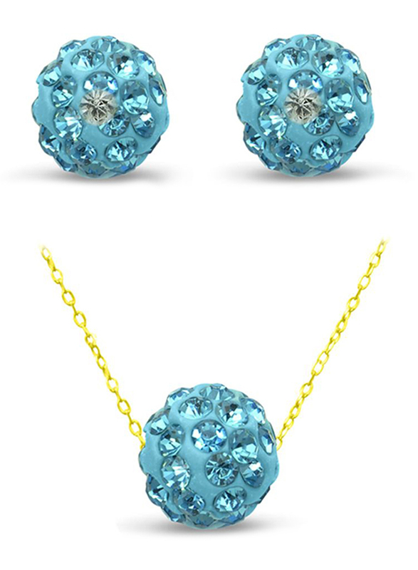 Vera Perla 2-Pieces 18K Solid Yellow Gold Simple Pendant Necklace and Earrings Set for Women, with 10mm Crystal Ball, Aqua/Gold