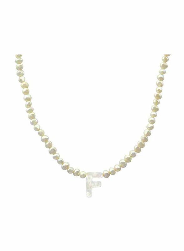 Vera Perla 18K Gold Strand Pendant Necklace for Women, with Letter F and Mother of Pearl Stones, White