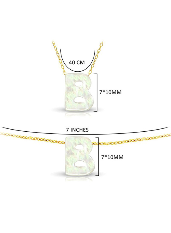 Vera Perla 2-Pieces 18K Gold Jewellery Set for Women, with Necklace and Bracelet, with B Letter Shape Mother of Pearl Stone, White/Gold