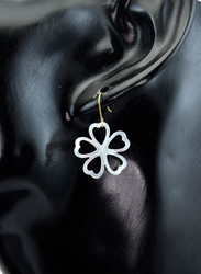 Vera Perla 18K Gold Dangle Earrings for Women, with Lucky Clover Shape Mother of Pearl Stone, White/Gold