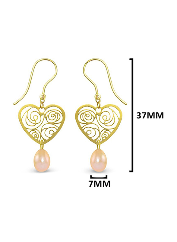 Vera Perla 18K Solid Yellow Gold Heart Dangle Earrings for Women, with 7mm Drop Pearl Stone, Rose Gold/Gold