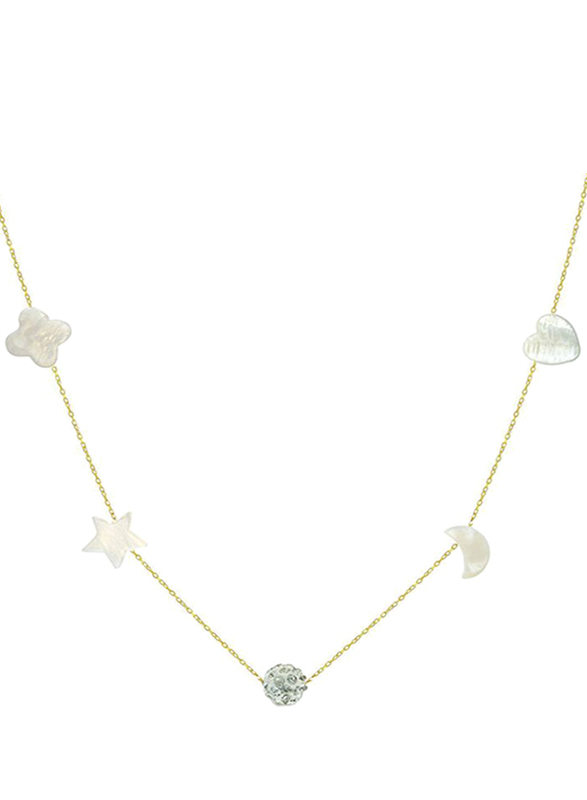 Vera Perla 10k Yellow Gold Chain Necklace for Women, with Gradual Built In Mother of Pearl and Crystal Ball, White/Gold