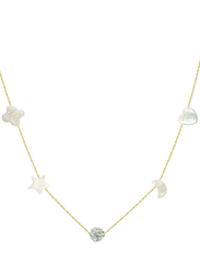 Vera Perla 10k Yellow Gold Chain Necklace for Women, with Gradual Built In Mother of Pearl and Crystal Ball, White/Gold