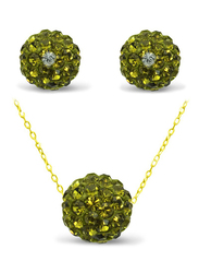 Vera Perla 2-Pieces 18K Solid Yellow Gold Simple Pendant Necklace and Earrings Set for Women, with 10mm Crystal Ball, Parrot Green/Gold