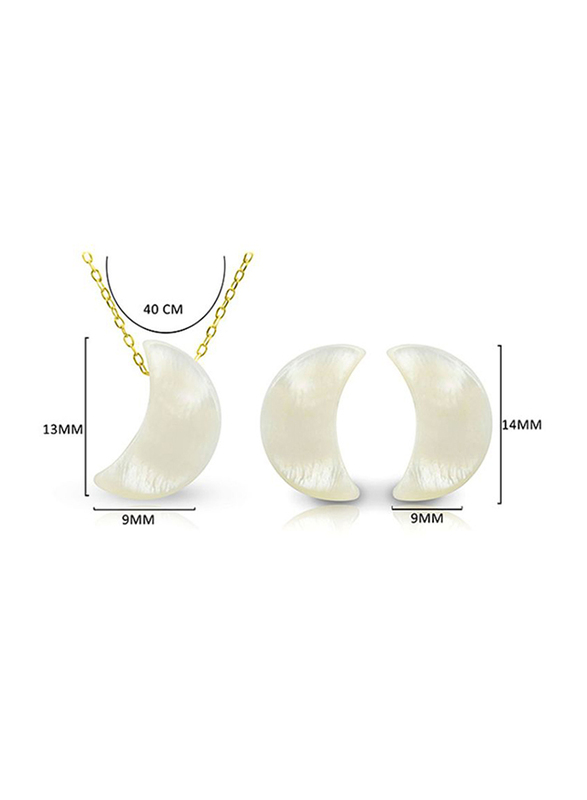 Vera Perla 2-Pieces 18K Gold Jewellery Set for Women, with Necklace and Earrings, with Crescent Shape Mother of Pearl Stone, White/Gold