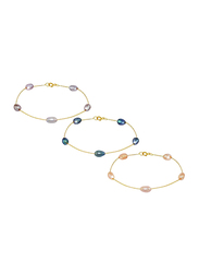 Vera Perla 3-Pieces 18K Gold Chain Bracelet Set for Women, with Genuine Pearls Stone, Purple/Blue/Pink