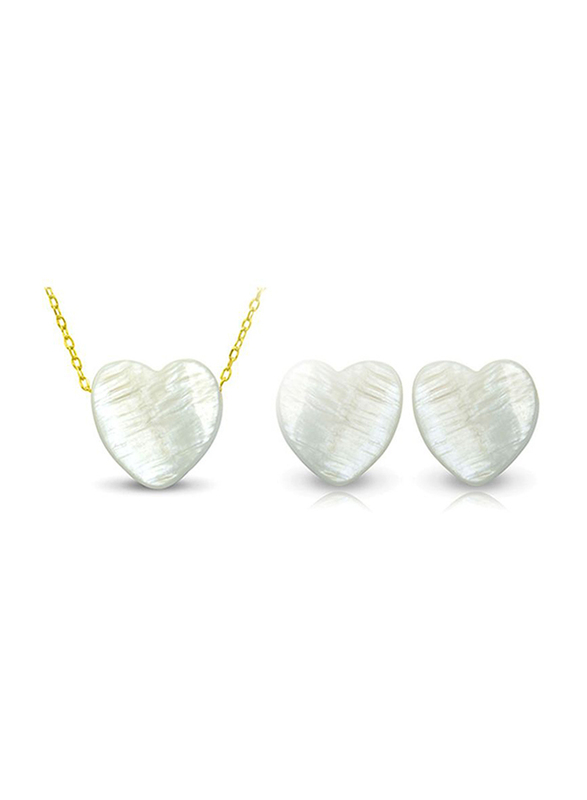 Vera Perla 2-Pieces 18K Gold Jewellery Set for Women, with Necklace and Earrings, with Heart Shape Mother of Pearl Stone, White/Gold