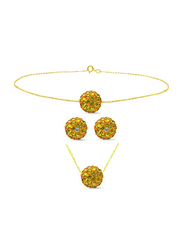 Vera Perla 3-Pieces 18K Solid Yellow Gold Simple Pendant Necklace, Bracelet and Earrings Set for Women, with 10mm Crystal Ball, Green/Orange/Gold