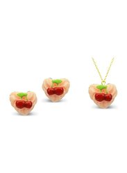 Vera Perla 2-Pieces 18K Solid Yellow Gold Pendant Necklace for Women, with Earrings and Heart Shape Cupcake Cherry Charm, Pink/Gold