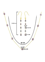 Vera Perla 2-Pieces 18K Gold Jewellery Set for Women, with Pearls Stone, Necklace and Earrings, Gold/Purple