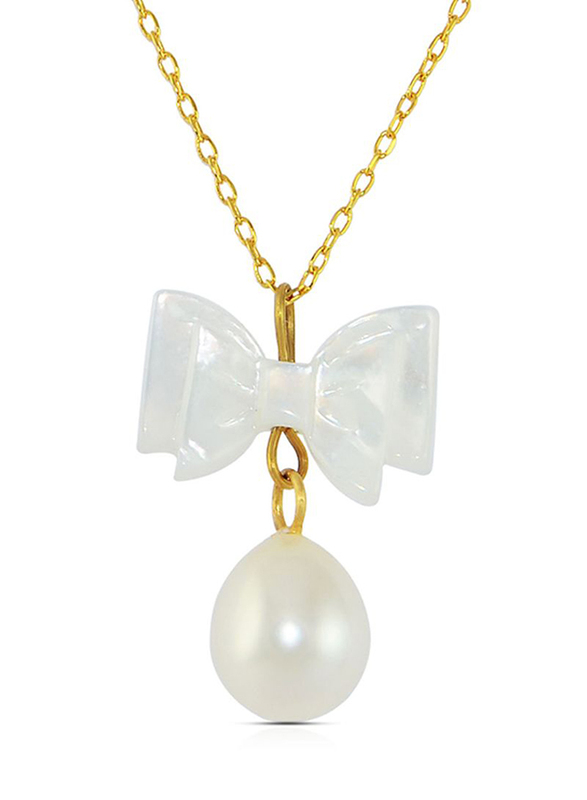 Vera Perla 18K Gold Bow Necklace for Women, with Mother of Pearl Stone, White