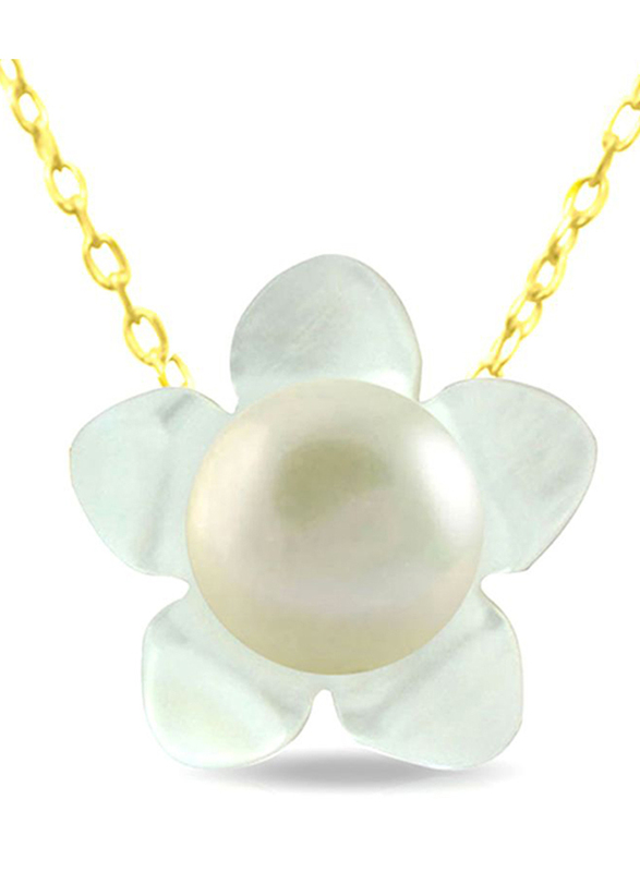 

Vera Perla 18K Solid Yellow Gold Pendant Necklace for Women, with 13mm Mother of Pearl Flower Shape and 7mm Pearl Stones, Gold/Jade/White